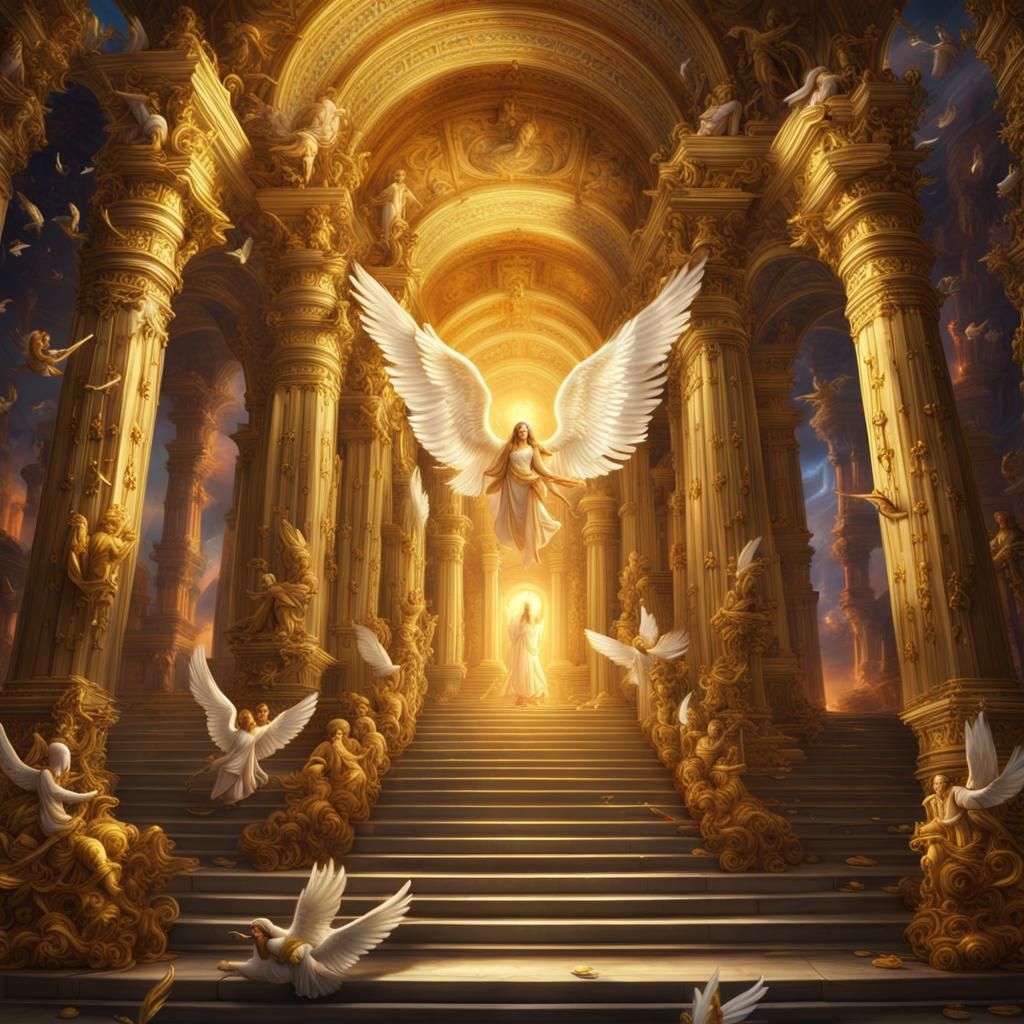 Bible representation, seven angels flying out of a Temple, Temple is ...