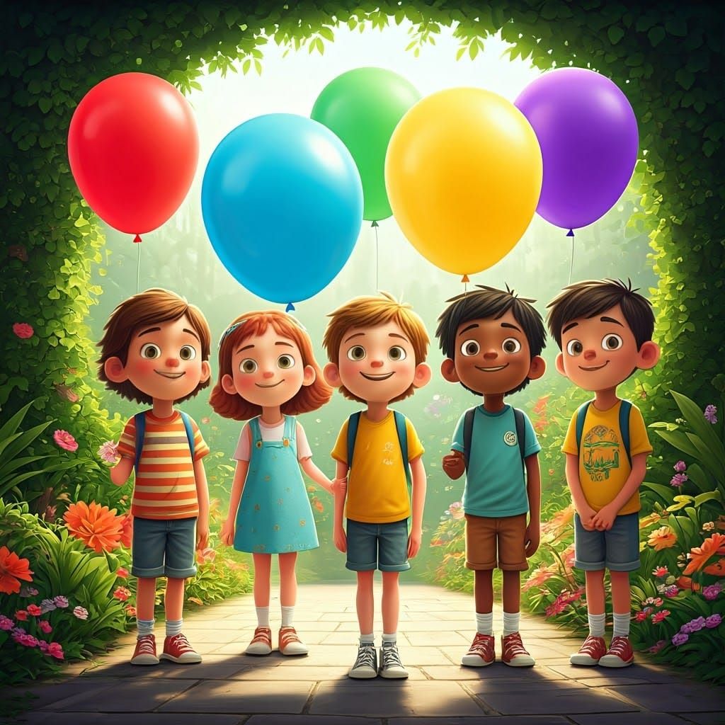 Joyful Children in Vibrant Balloon Wonderland