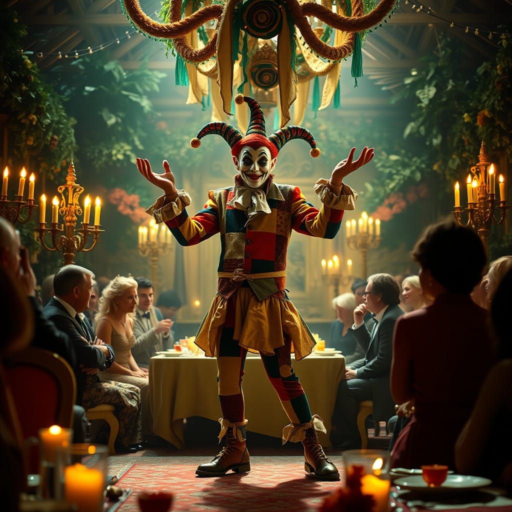 A close-up of a whimsical jester performing at a grand feast, surrounded by enchanted guests and festive ...  by @ophelia22