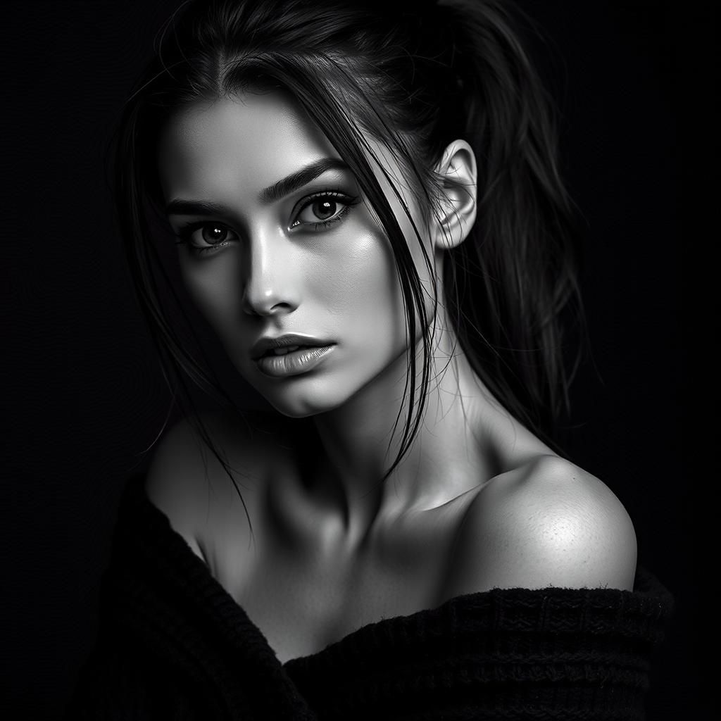 artistic black and white photo portrait of a woman with long black hair and ponytail, wearing black sweater with bare shoulders, on black ba...