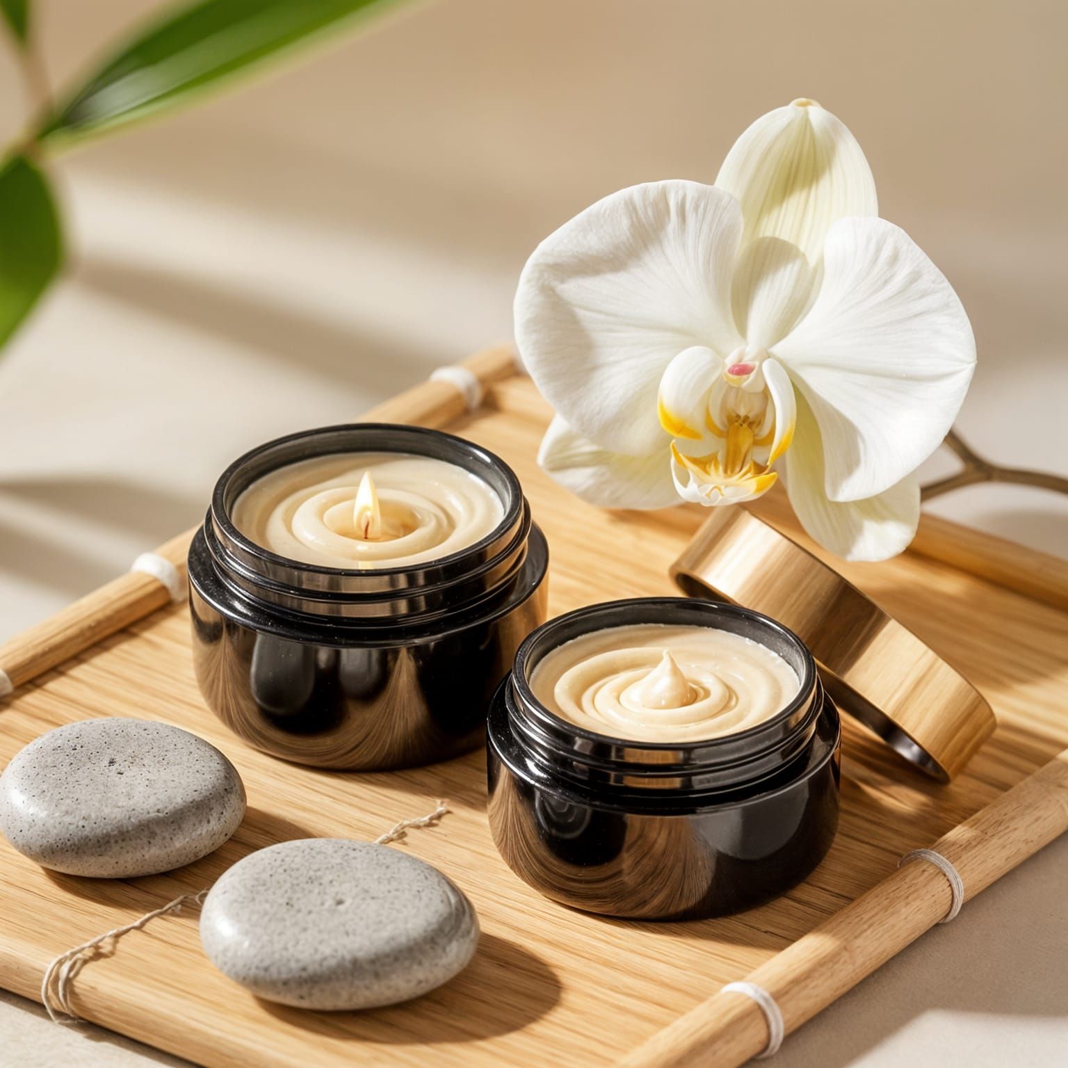 Generate an image of two luxurious crem jars , one open revealing a creamy yellow texture, the other closed. The jars are made of a black pl...