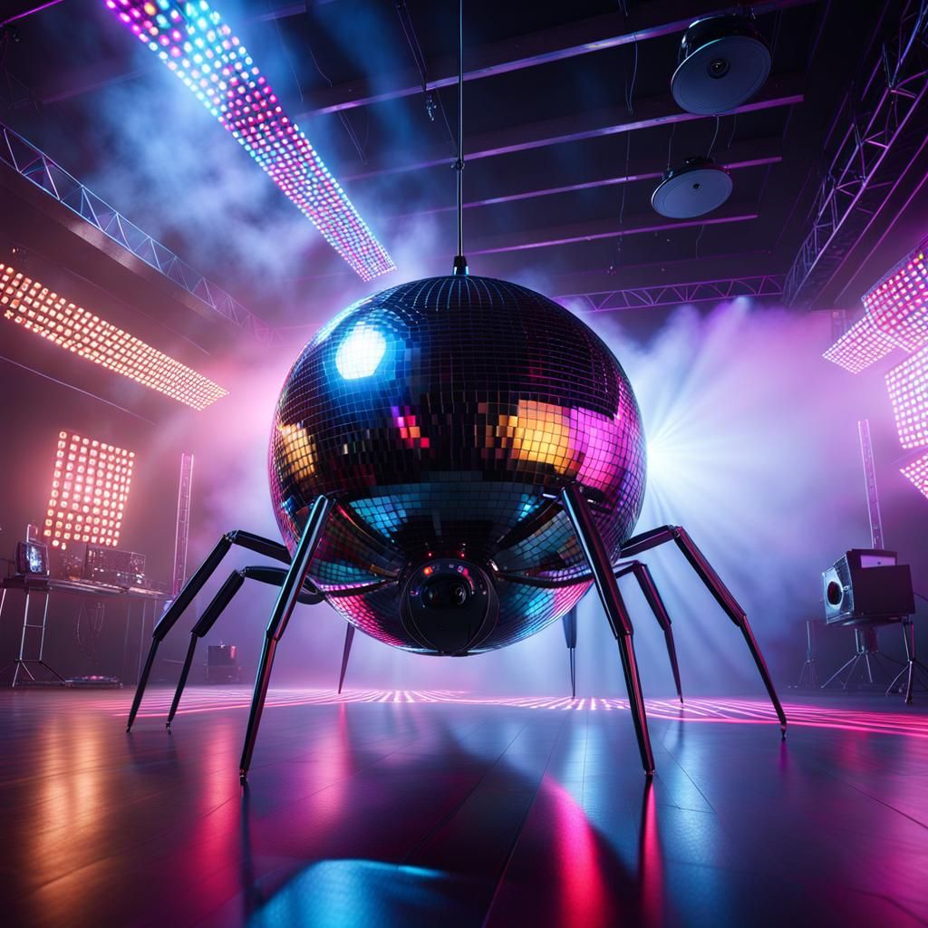 A reflective disco ball with spider legs dancing in the club that is ...