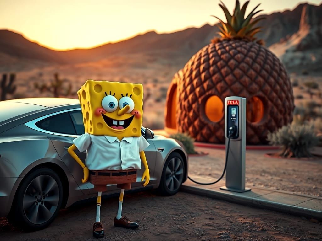 SpongeBob Squarepants charching his Tesla car in front of his pineapple house