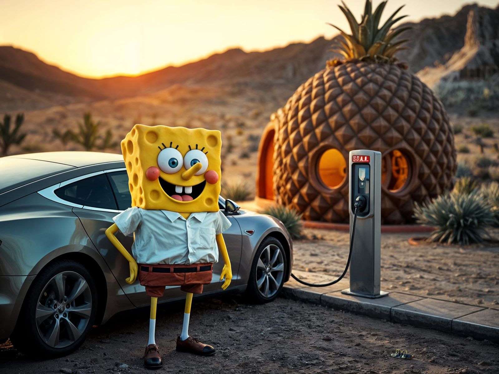 SpongeBob Squarepants charching his Tesla car in front of his pineapple house  by @Fokje