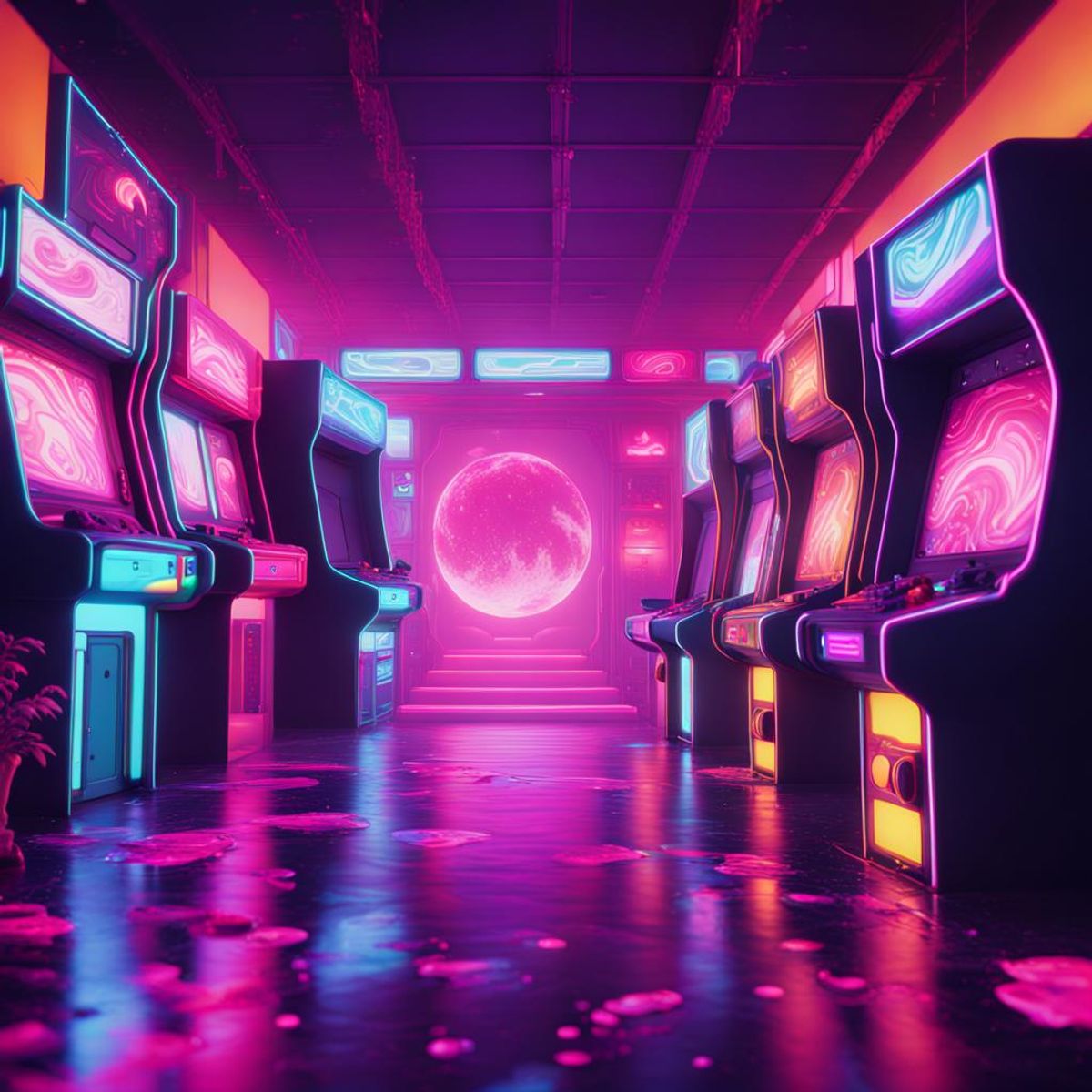 arcade vaporwave dreamy, surreal with neon colors, glitch effects, and ...