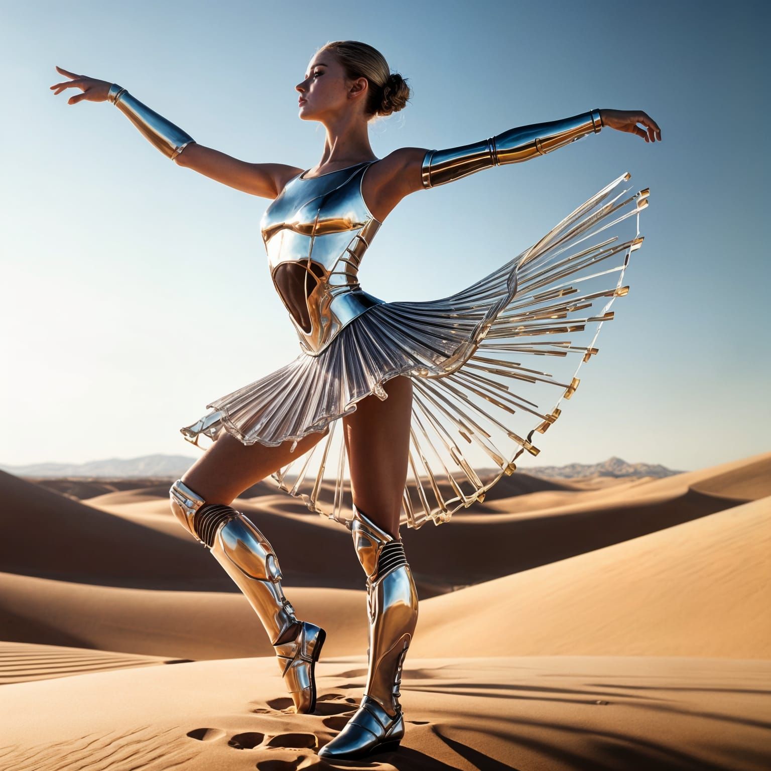 Glass Cybernetic Ballerina Dances in Desert Landscape
