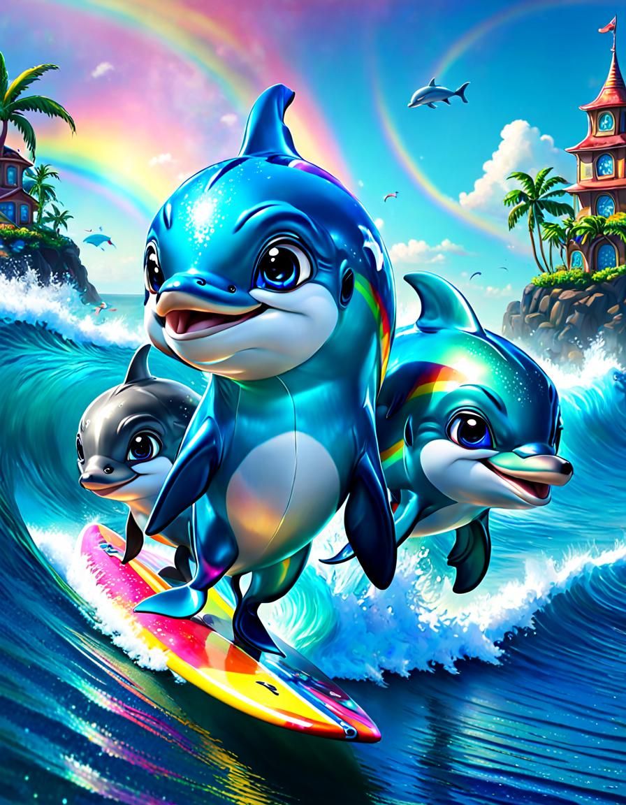 Surfing with the Dolphin Gang! - AI Generated Artwork - NightCafe Creator