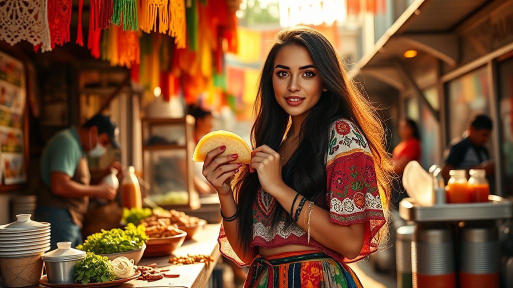 Chicanas Mexican woman beside a bustling street food stand.....