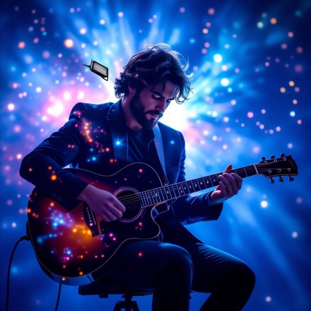 Cosmic Guitarist in Double Exposure
