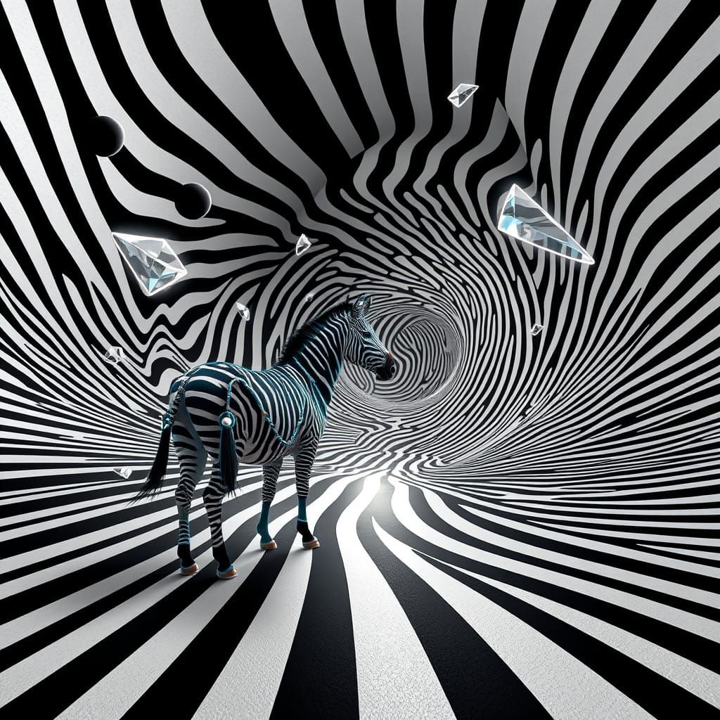 In a futuristic, surreal dimension, a black-and-white striped landscape warps into a swirling spiral ...  by @Voldemort