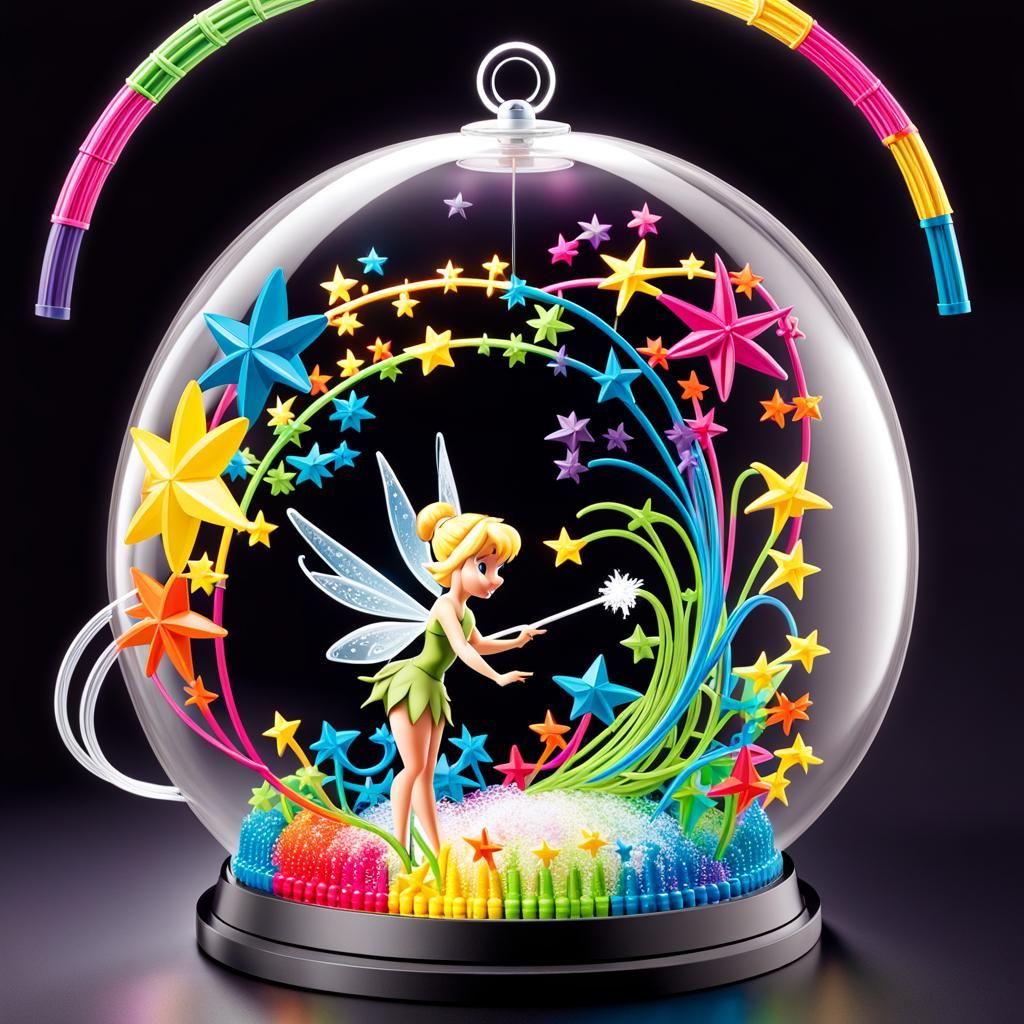 tinkerbell sprinkling pixie dust from her wand over side view multicoloured k'nex dome AI