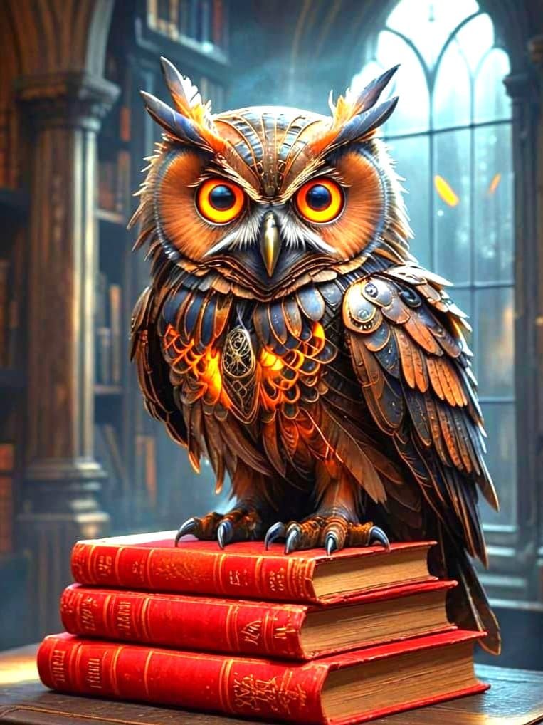 Mechanical Owl on Ancient Books in Gothic Library
