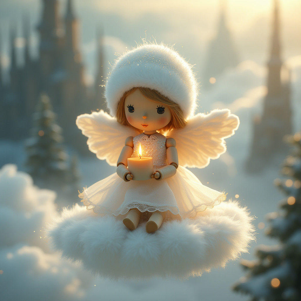 ein engel aus holz auf der weissen fluffigen wolke, das engelein hat kleine runde nase, glänzende augen mit zwei langen ...