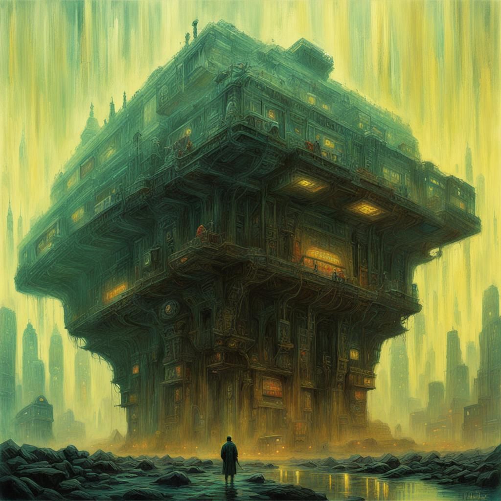 Dystopian Cityscape in Retro Cyberpunk Impressionism