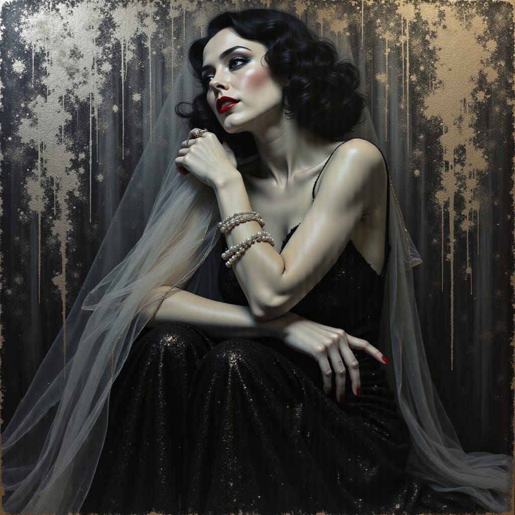 Insubstantial languid transparent Hollywood glamour ghost, Maureen O'Sullivan, Skewed and fragmented Dynamic negative decadent, elegant, mov...