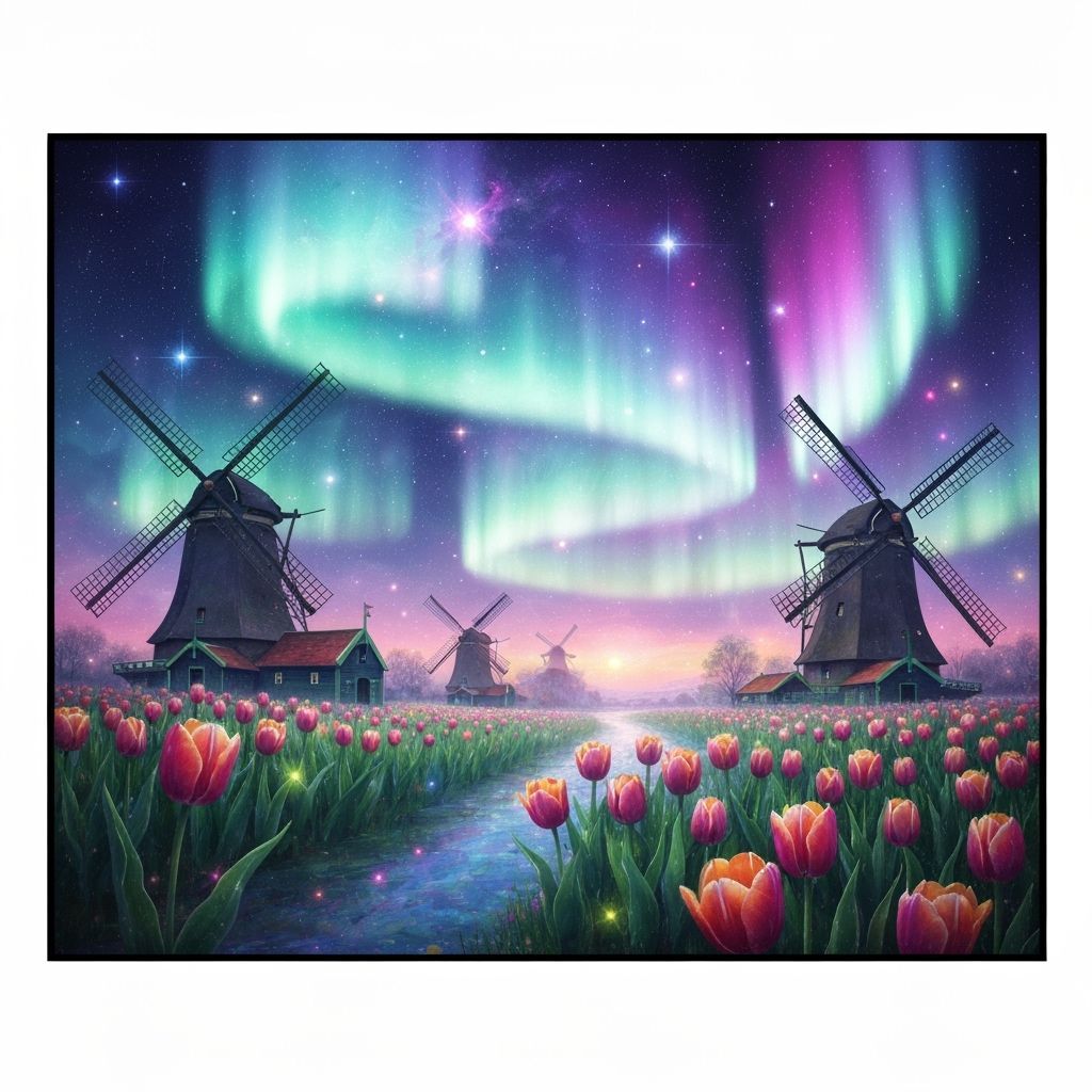 Tulips and windmills, cosmic, northern lights, ethereal impressionistic surreal magical 