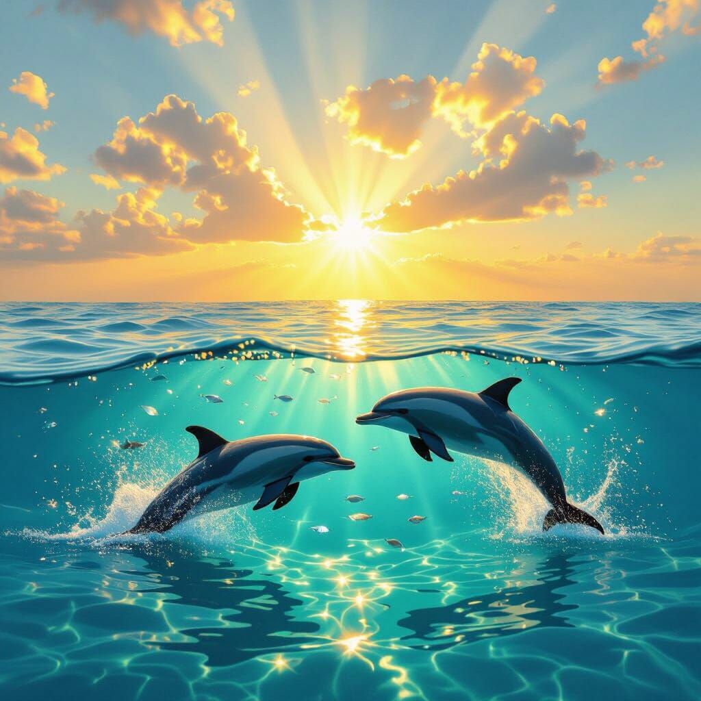 Dolphin Glides Through Shimmering Turquoise Sea at Sunset