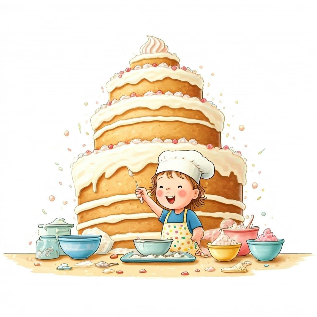 Little Chef Preparing a Towering Cake in Whimsical Style