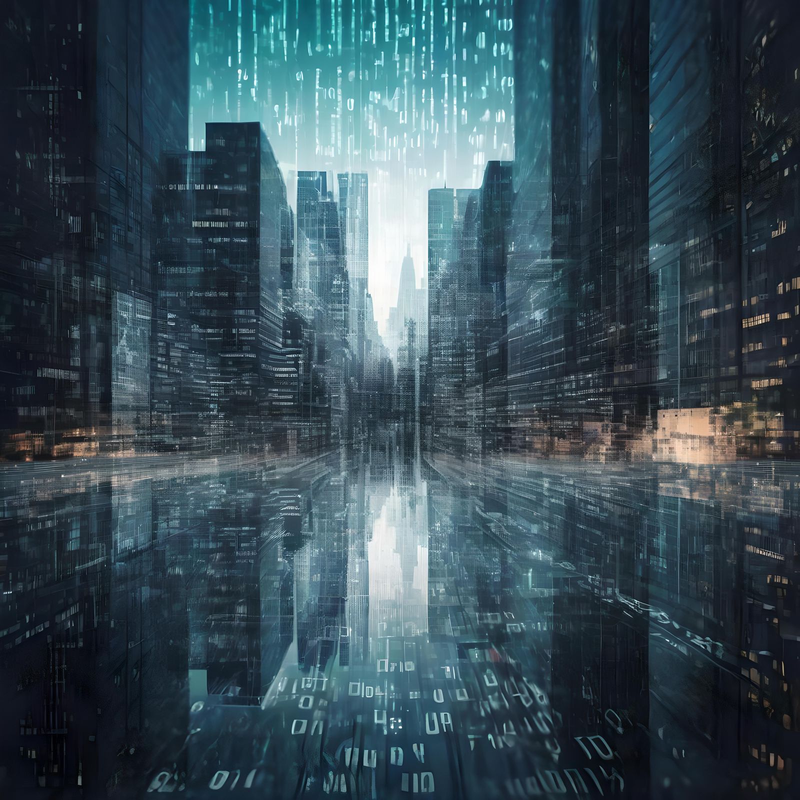 Glitch in reality, binary code overlaid on cityscape  by @Taralie