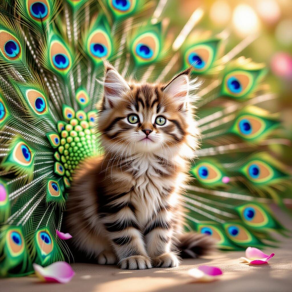 A fluffy kitten with vibrant peacock feathers fanning out behind it, shimmering in emerald, sapphire, and gold hues. The kitten poses proudl...
