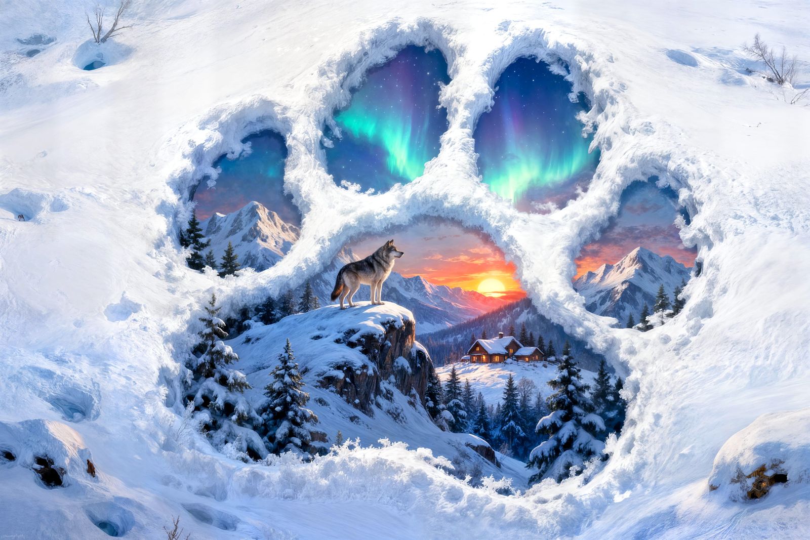 A beautiful winter landscape seen through a large, detailed wolf paw print pressed into fresh, white ...  by @Quebra