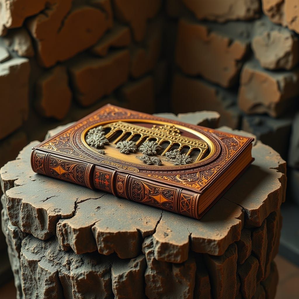 <lora:tavoletta:1.0> On the old mill, on the millstones, lies an old barn book with a wooden cover, on which there is an intricate carving i...