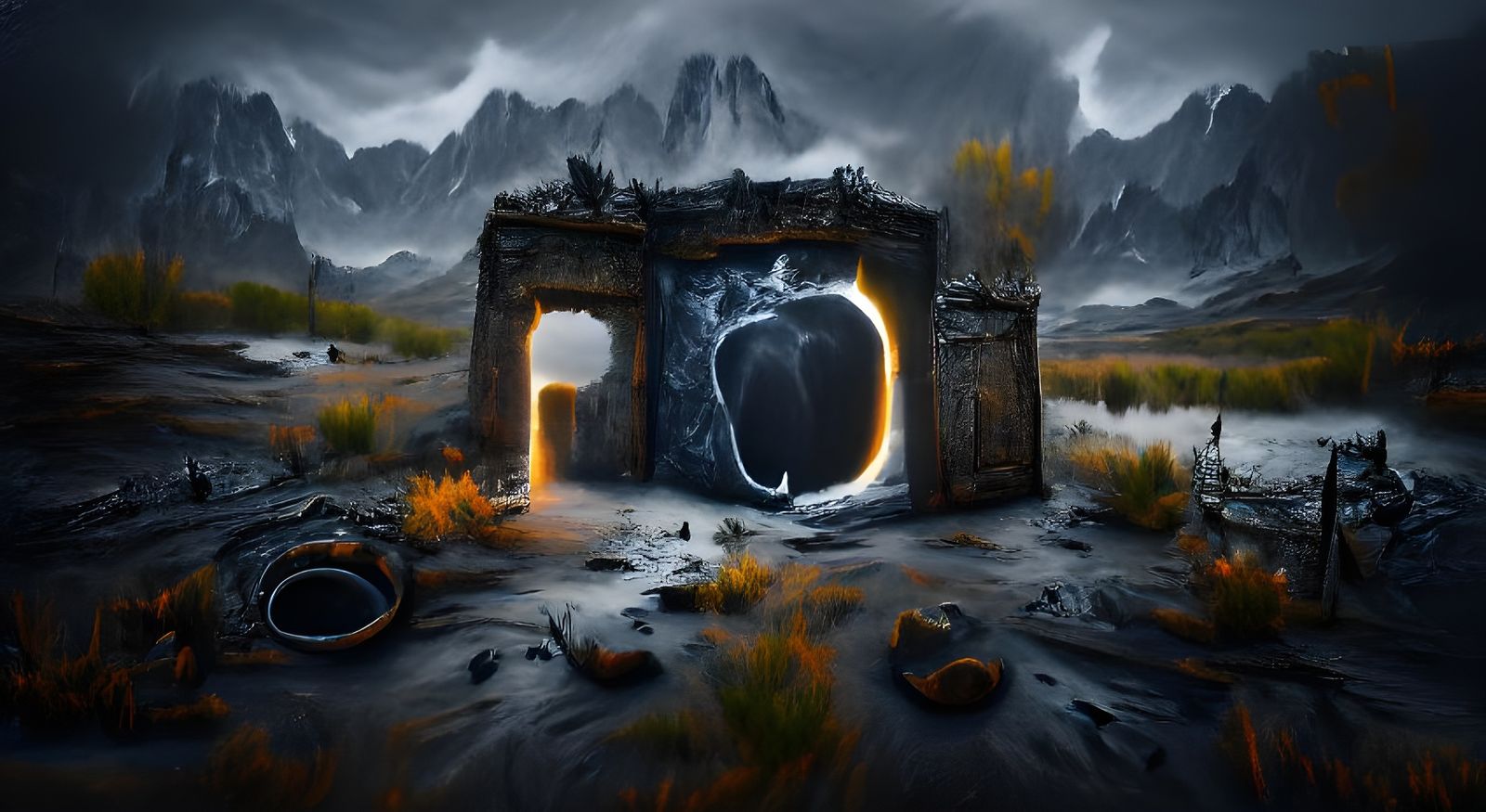 medieval portal of smoky dark shadow and darkness surrounded by a  monochromatic wilderness and wasteland at night 8k resolution detailed  painting trending on Artstation beautiful wallpaper volumetric lighting -  AI Generated Artwork -