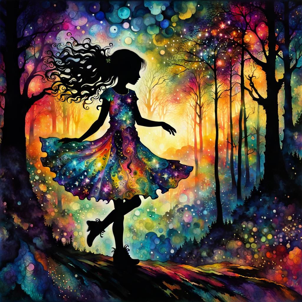 chibi woman psychedelic colorful silhouette, dancing. Surreal embellished patchwork mixed media, dark Forest Fantasycore, watercolor   by @Winter