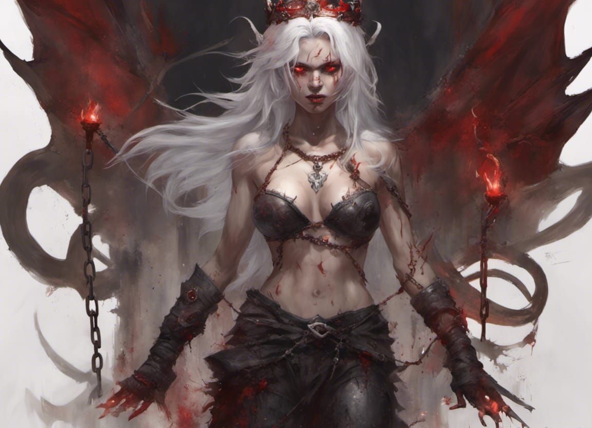 female demon, wearing a crown of blood, tattered bra and pants, full ...