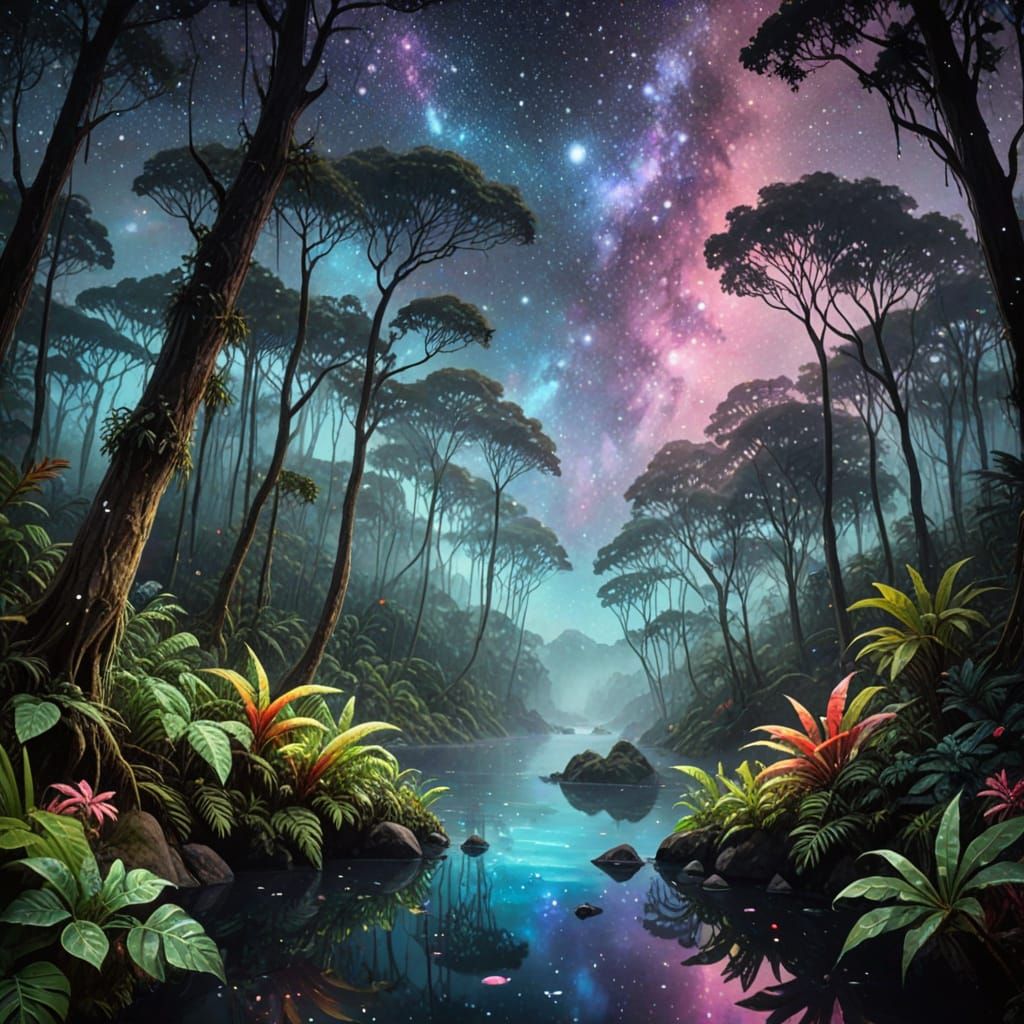 Rainforest under starry sky  by @Yiu