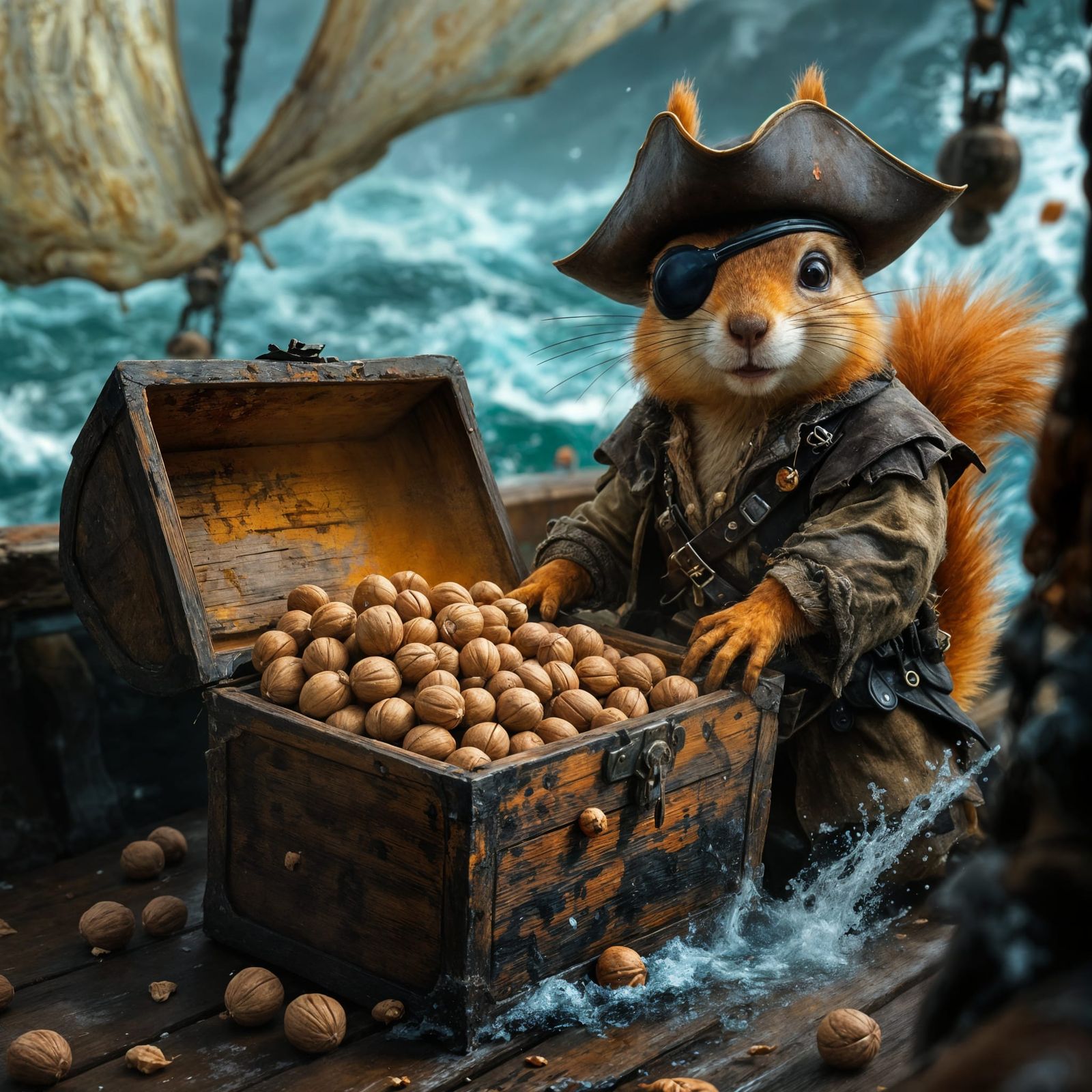 A squirrel pirate, wearing an eyepatch and a pirate hat, his bearded face etched with fierce determination, ...  by @ByToi
