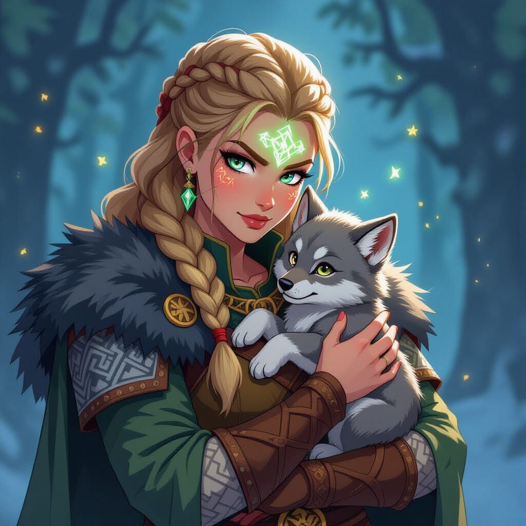 Viking shieldmaiden cradles a wolf pup in her arms.   by @Queen274