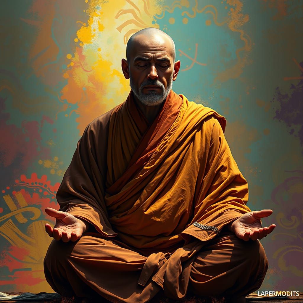 Meditative Monk in Vibrant Hyperrealistic Art