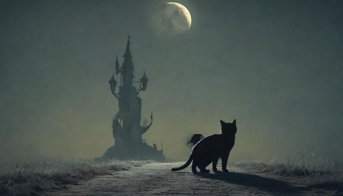 A black cat crossing in front of a full moon, embodying the classic superstition.