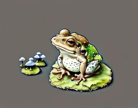 A toad covered with lichen an tiny toadstools. Style of beatrix potter ...