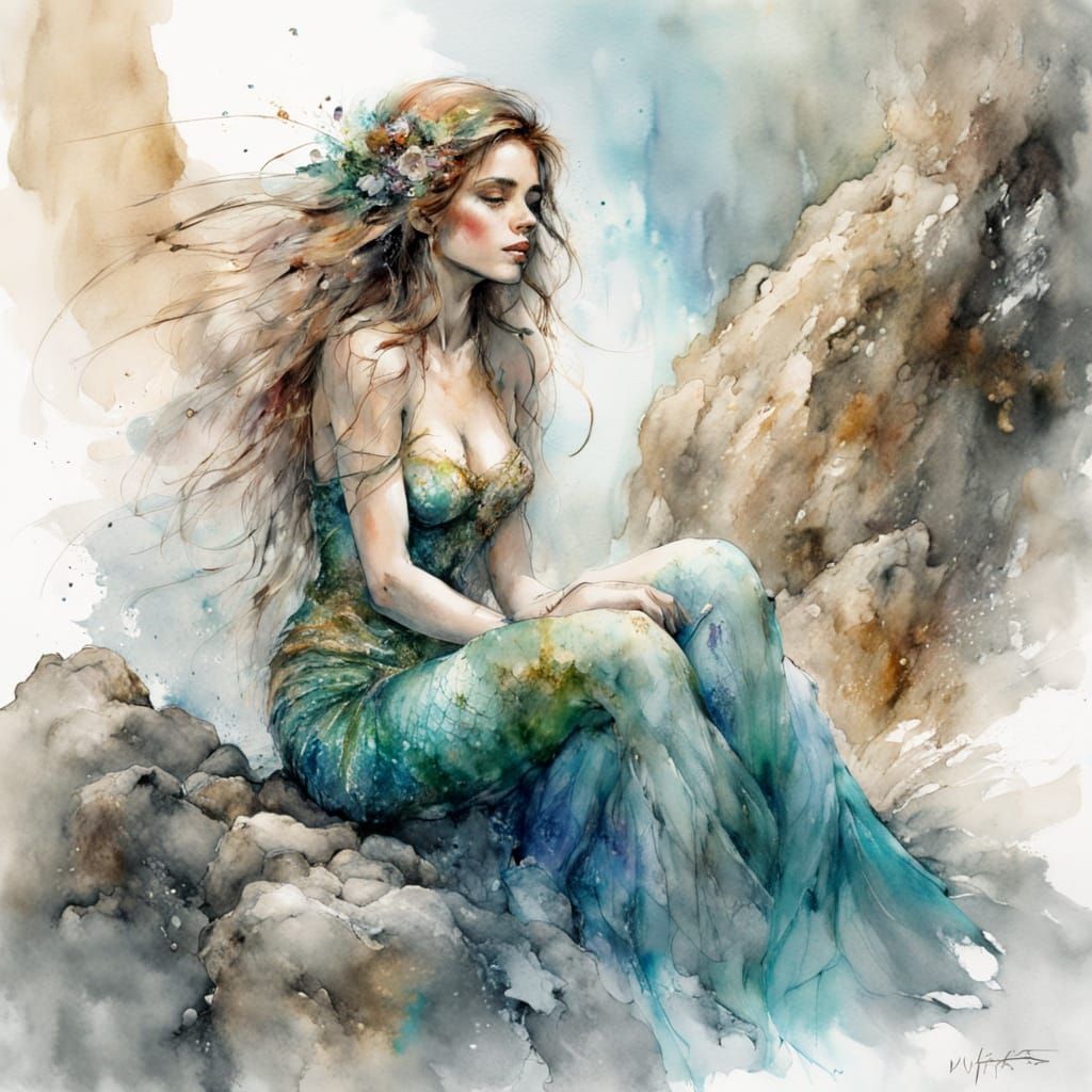 A mermaid sitting on a rocky shore.  by @Zs Art Collection