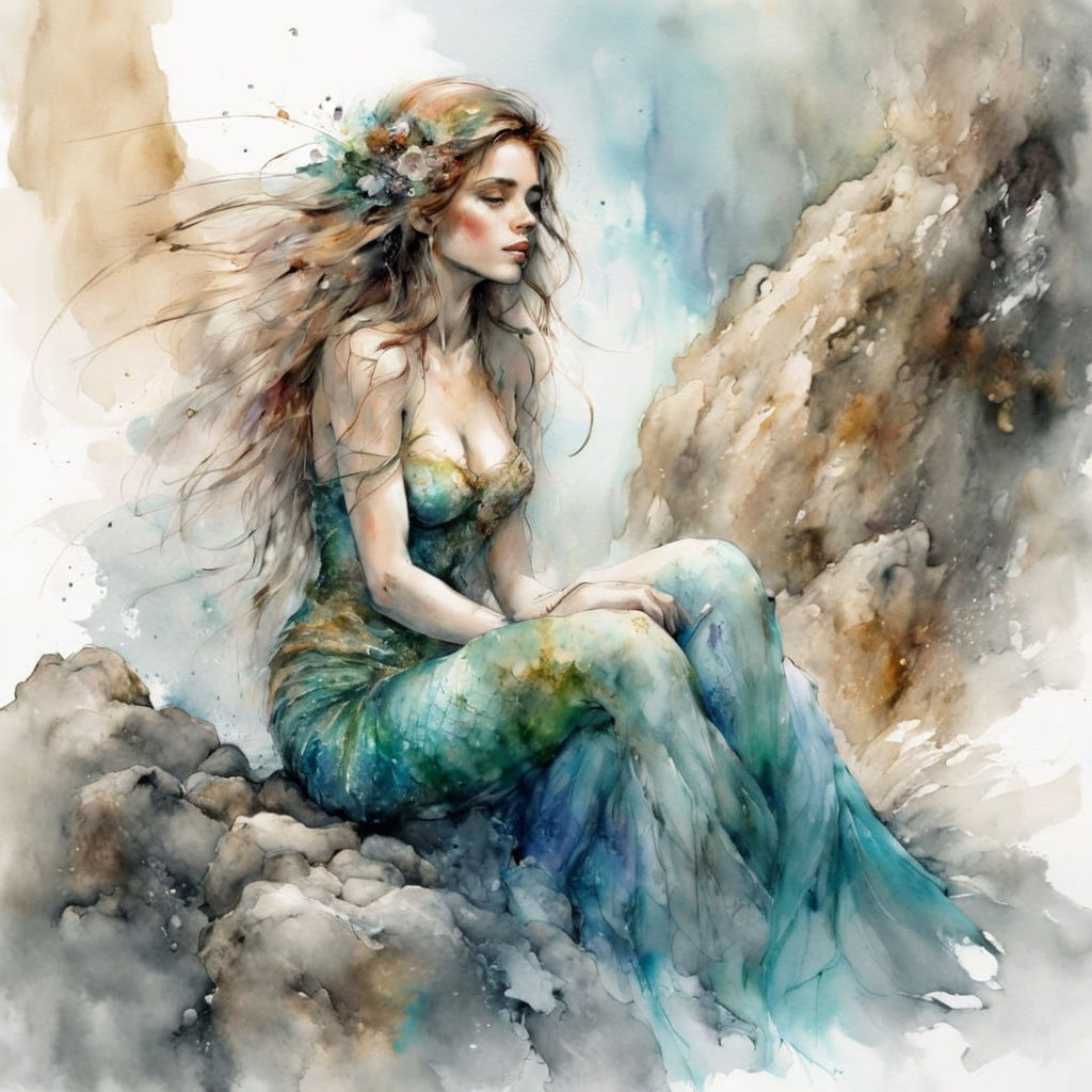 A mermaid sitting on a rocky shore.