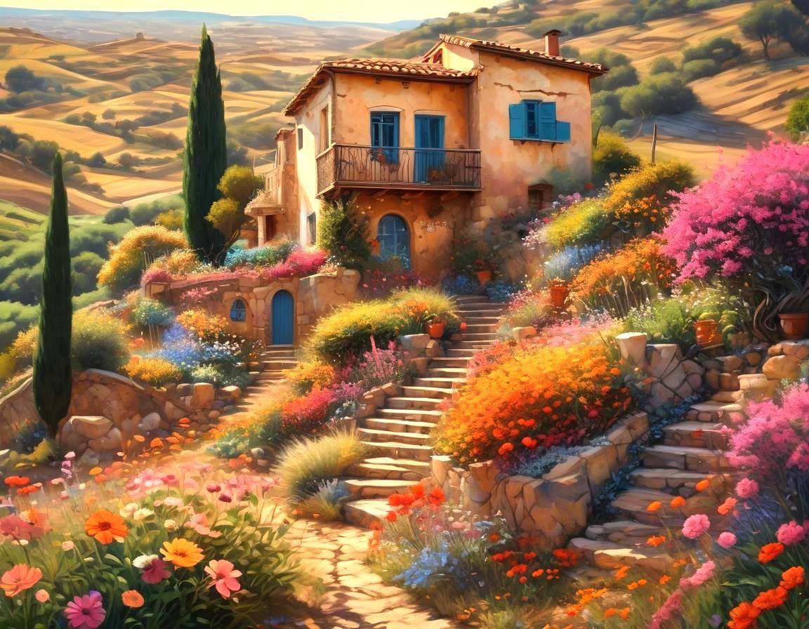 large Mediterranean house with a tower on a hill with flowers, a wind pump in the background, Greg Rutkowski, ...  by @Hugo Raul