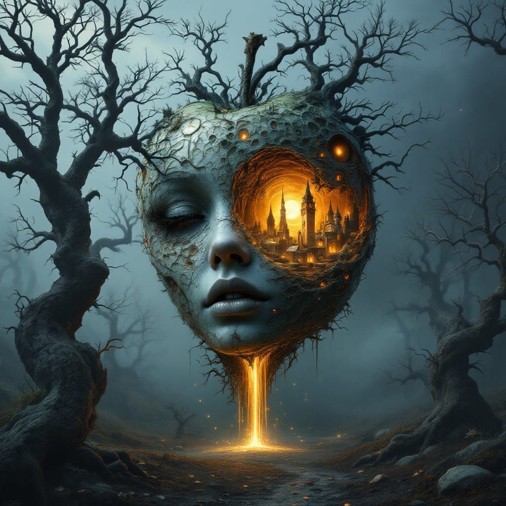 Ethereal Apple Sculpture in Abandoned Orchard Village