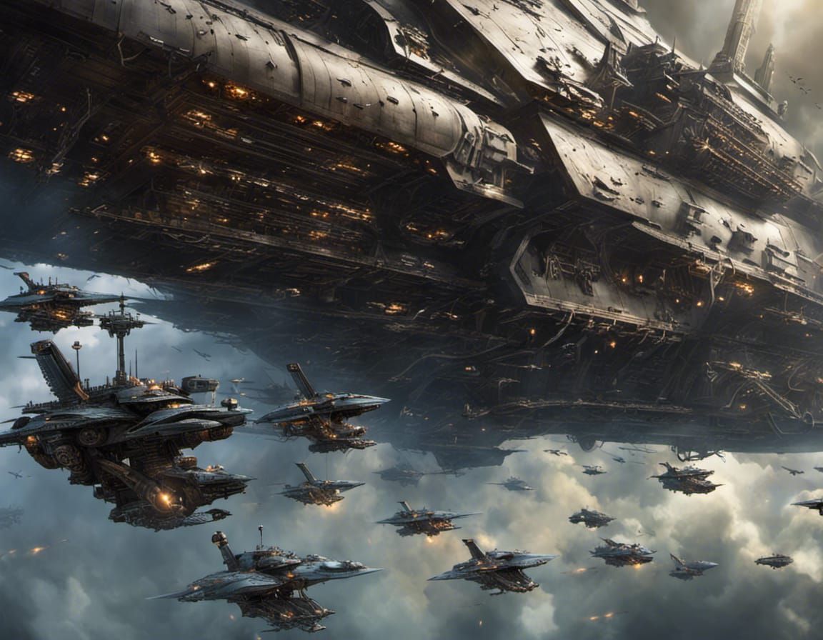 a huge Phyrexian carrier warship flying  with several ports ...