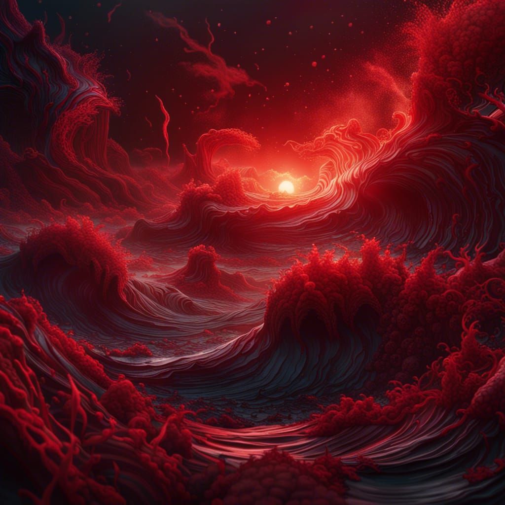 a chaotic, swirling mass of crimson waves
