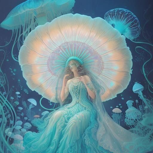 Background Ethereal mushroom-like jellyfish swirling in a enchanted ocean forest. Foreground is an art deco crawfish. Magical realism. Fluor...