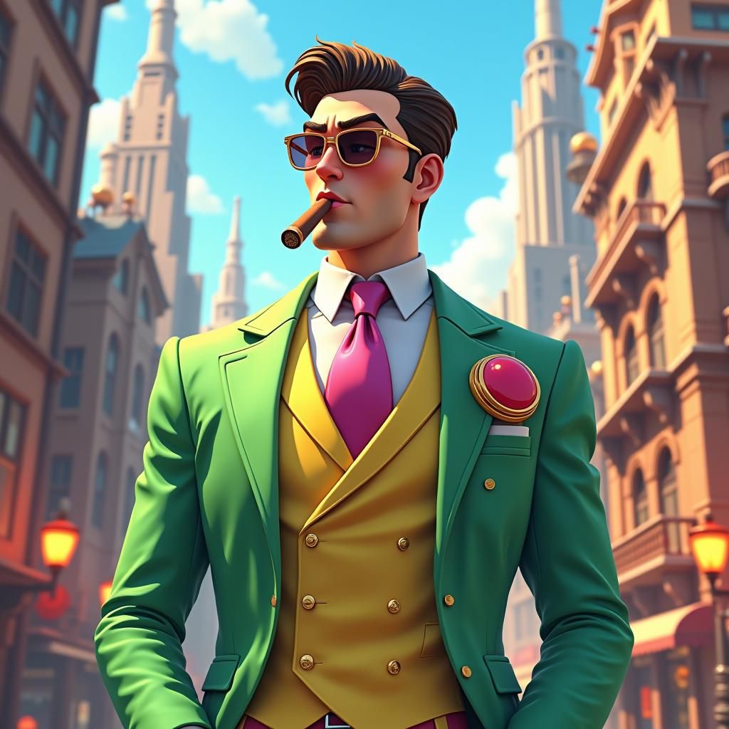 A Man in a suit with all the jellybean colors smoking a ciga...