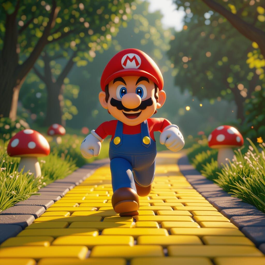 Mario Runs on Yellow Road with Mushrooms, Cinematic 8k Art
