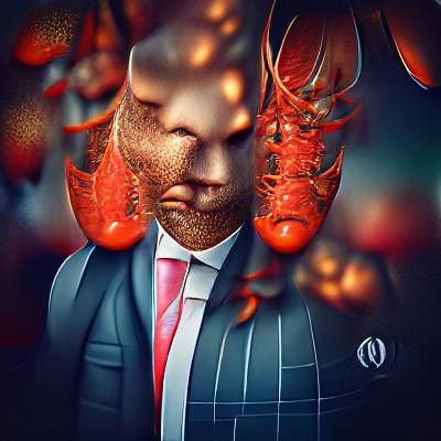 businessman with lobster face head demonic cosmic horror tex...