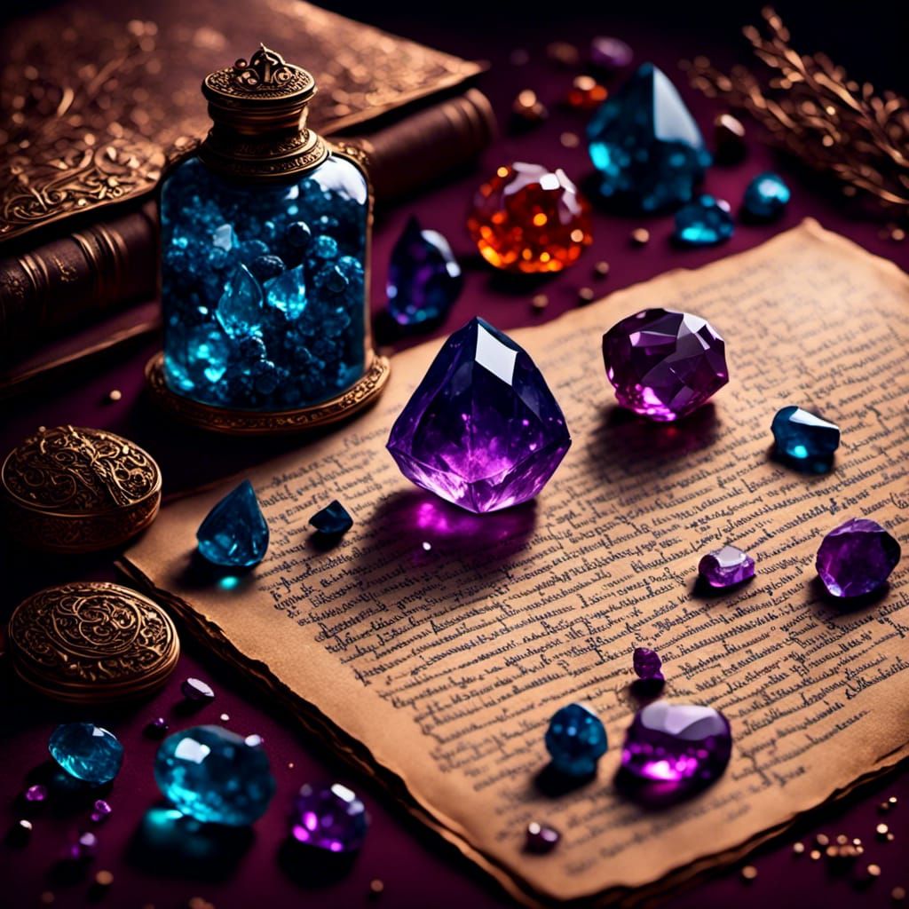 "Magical Gems" <lora:Magic Docs:1.0> journal page with a cha...