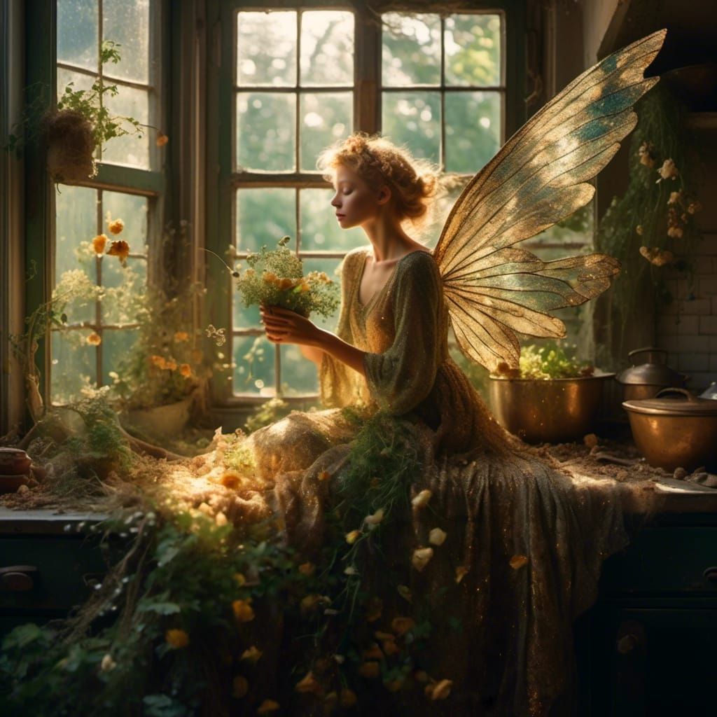 Sunrise.
‐--------------
Macro photography of a tiny fairy sitting on a kitchen windowsill in a kitchen by Sally Swannell, meticulous, intricate, entangled, intricat...