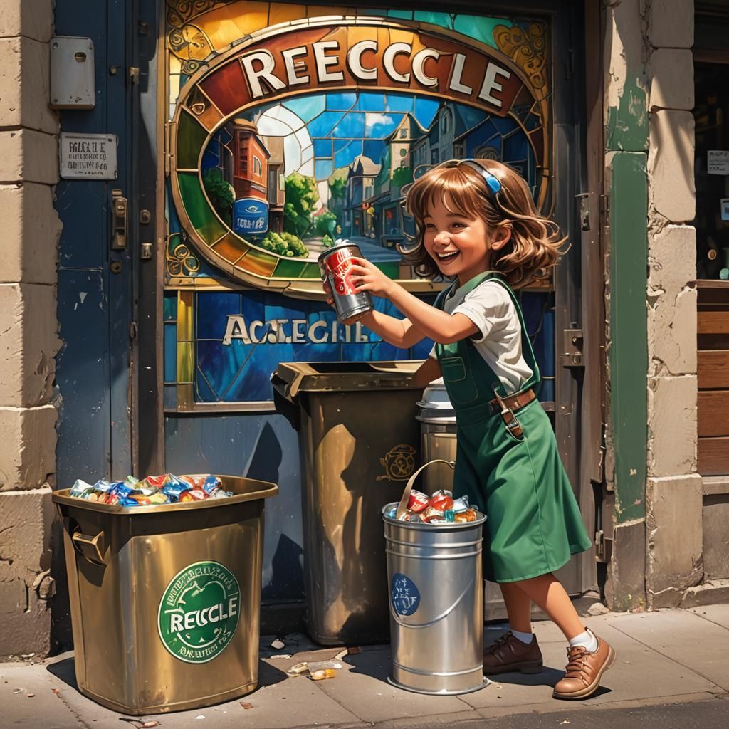 A cute little girl in France smiling and throwing a soda can into a bin under a big sign that says RECYCLE.