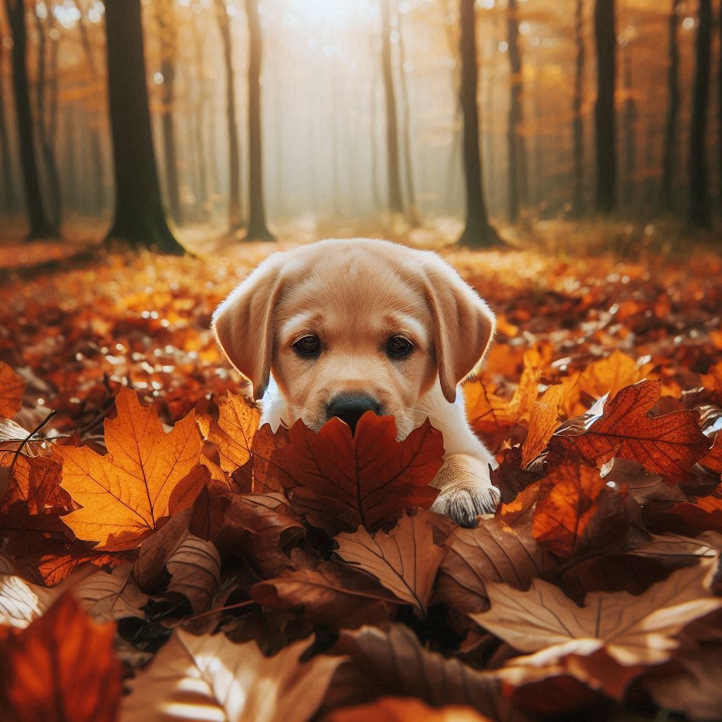 A small Labrador playing with fallen leaves in an autumn forest