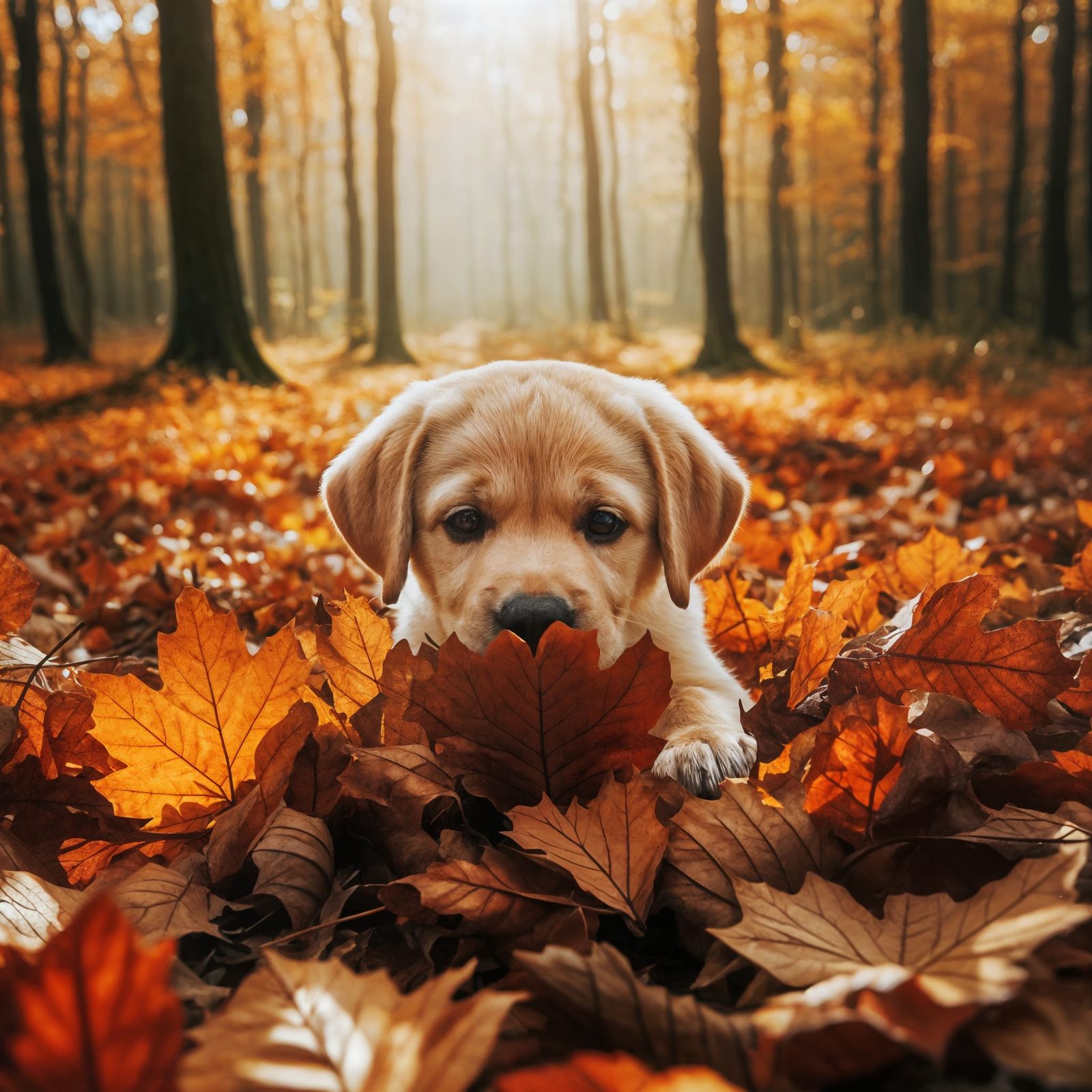 A small Labrador playing with fallen leaves in an autumn for...